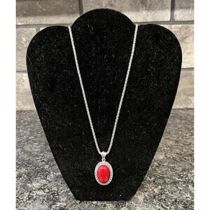 Silver Tone 18” Necklace with Red Oval Stone Statement Pendant Exquisite